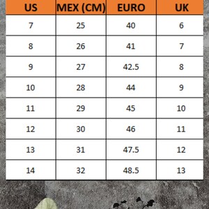 Puede incluir: Un gr&aacute;fico que muestra las conversiones de tallas de zapatos para hombres en tallas US, mexicanas (cm), europeas y brit&aacute;nicas. El gr&aacute;fico muestra las tallas 7 a 14 en tallas US, 25 a 32 en cent&iacute;metros mexicanos, 40 a 48,5 en tallas europeas y 6 a 13 en tallas brit&aacute;nicas.