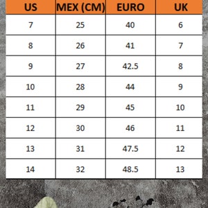 May include: Shoe size conversion chart with US, MEX (CM), EURO, and UK sizes. Sizes range from US 7 (25 cm) to US 14 (32 cm). The chart is on a textured gray background with green leaf accents.