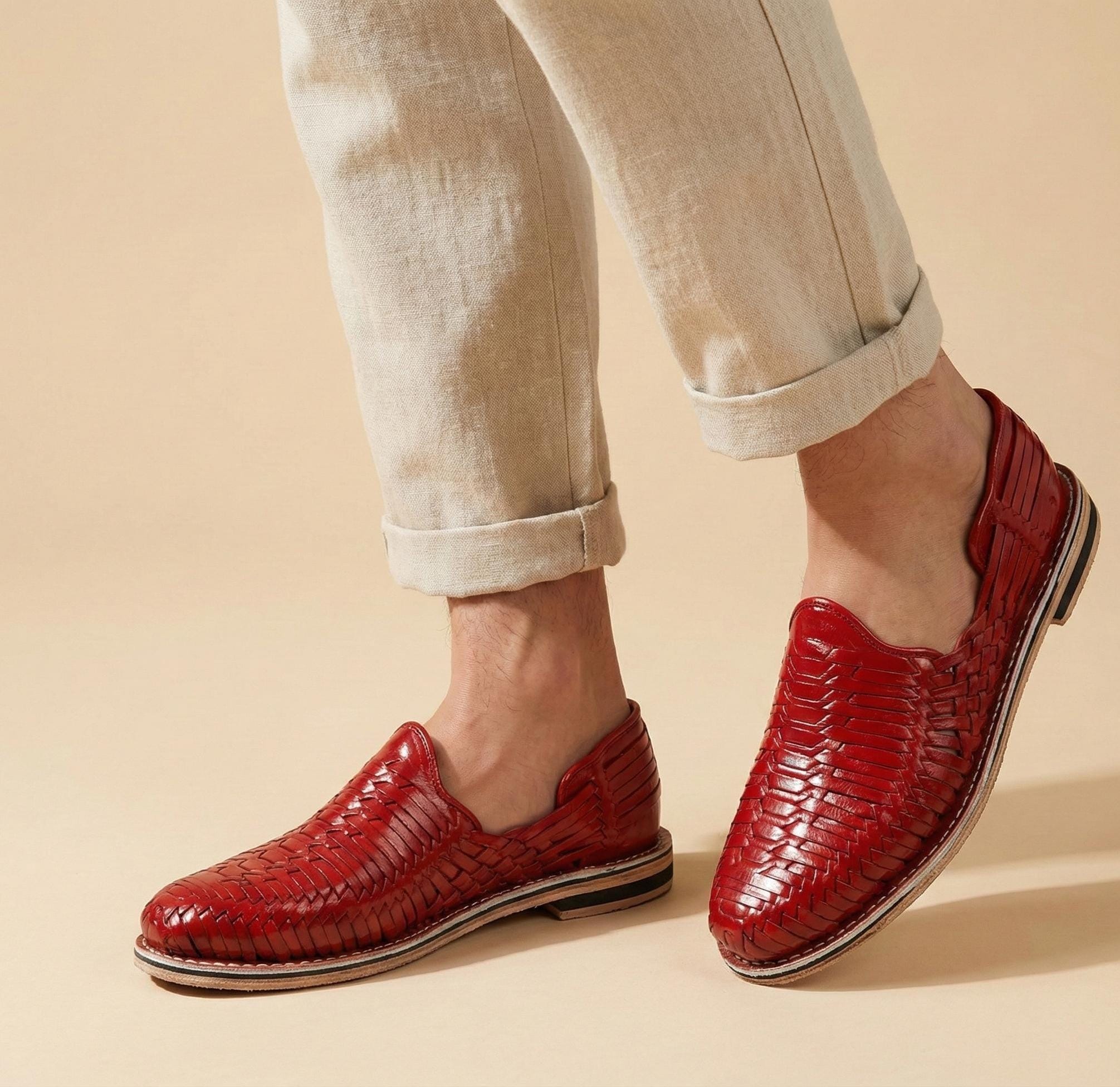Red Huaraches for Men with Leather Sole, Leather Sandals Handmade Mexican Artisan Huarache Sandals Ships from Mexico