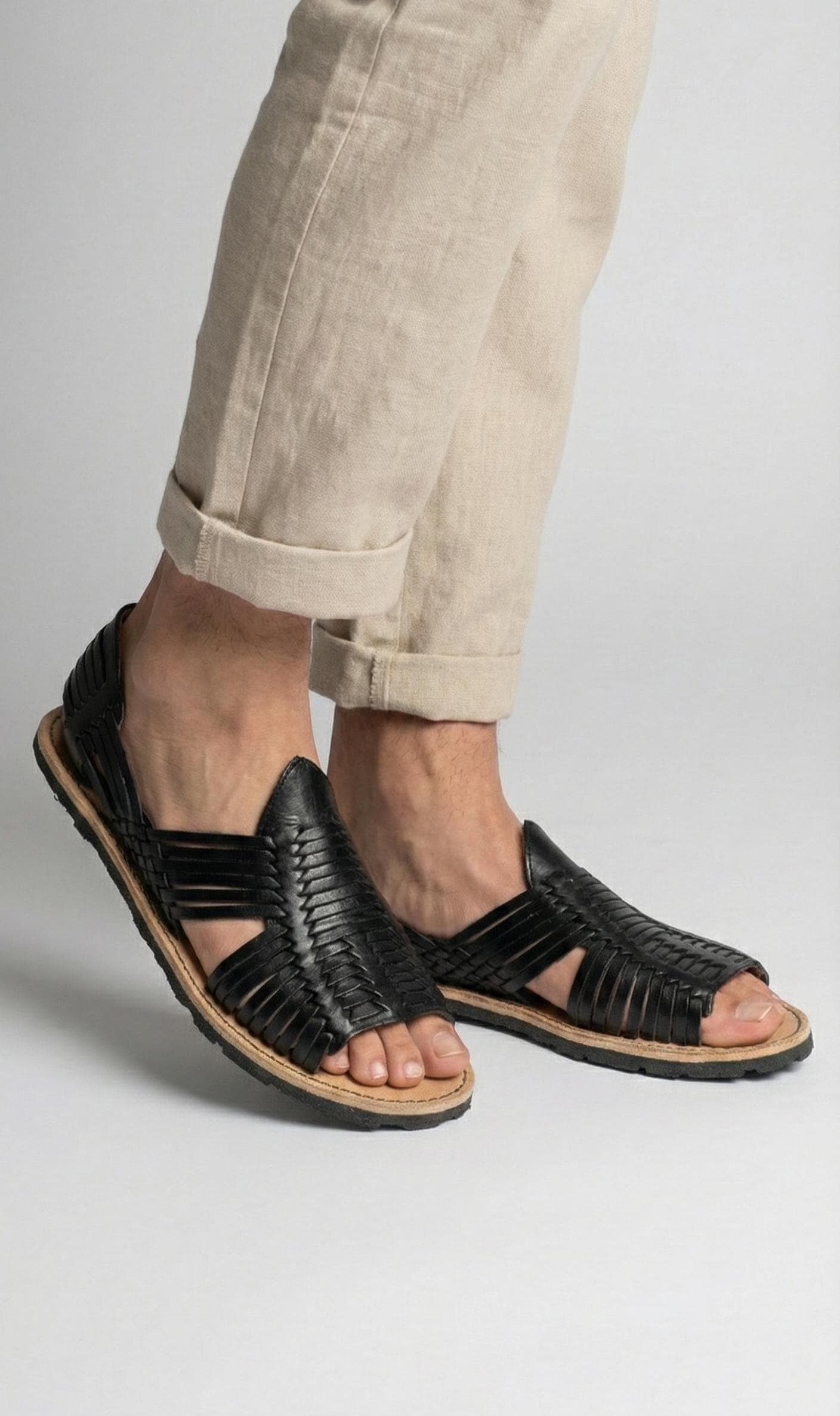 New Espiritu Men\'s 10 Black Leather Woven Huarache Sandals Mexican Artisanal Hector main image 3