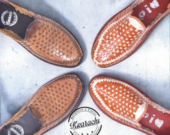 Mexican Huaraches for Men, Closed Toe Woven Leather Shoes, Covered Heel Slip On Sandals, Brown Tan and Natural, Handmade in Mexico