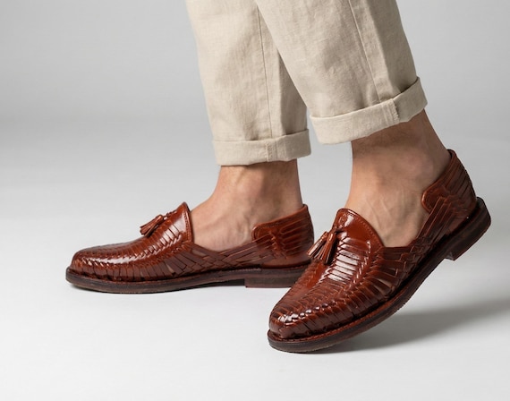 Huaraches Mexicanos para Hombre Punta Cerrada, Zapatos Artesanales de Piel Tejida a Mano con Borlas, Estilo Vintage, Tallas 7-12 US