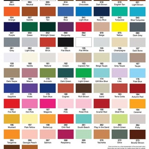 May include: A color chart featuring a grid of paint swatches, each labeled with a unique number and color name. Colors range from black and white to vibrant hues like orange, blue, and green, and include shades of brown, beige, and pink. The chart also includes text at the bottom.
