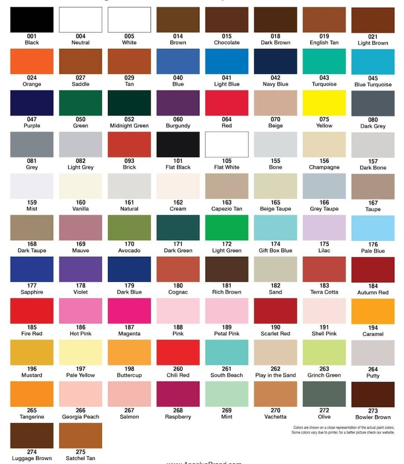 May include: A color chart featuring a grid of paint swatches, each labeled with a unique number and color name. Colors range from black and white to vibrant hues like orange, blue, and green, and include shades of brown, beige, and pink. The chart also includes text at the bottom.