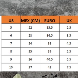 Pu&ograve; includere: Un grafico che mostra le conversioni di taglie di scarpe per donne. Il grafico mostra le taglie US, messicane (cm), europee e britanniche. Il grafico mostra le taglie da 5 a 10.
