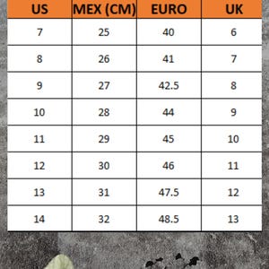 以下が含まれることがあります： 靴のサイズ換算表。US、MEX（cm）、EURO、UKのサイズを表示。USサイズ7から14まで、対応するセンチメートル、EURO、UKサイズを掲載しています。