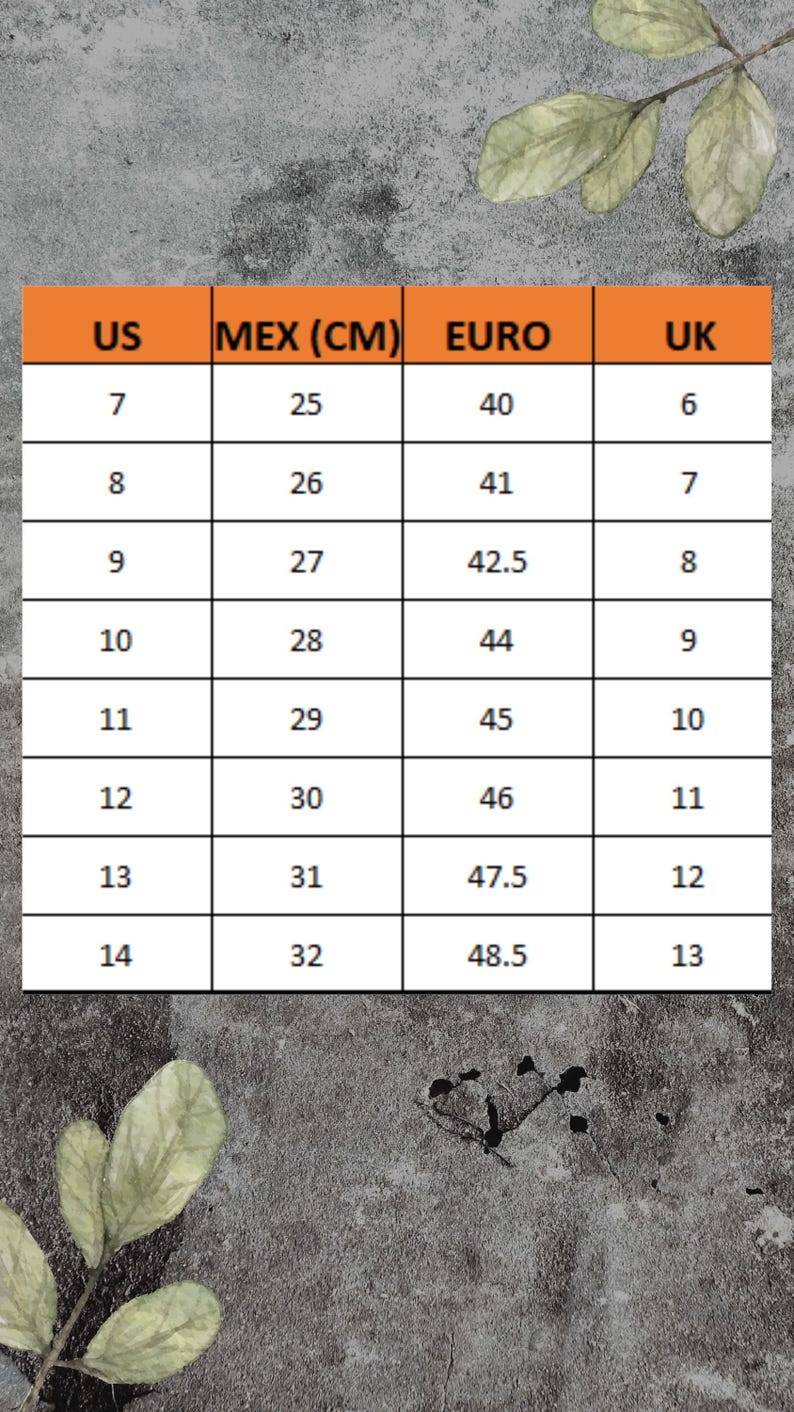 以下が含まれることがあります： 靴のサイズ換算表。US、MEX（cm）、EURO、UKのサイズを表示。USサイズ7から14まで、対応するセンチメートル、EURO、UKサイズを掲載しています。