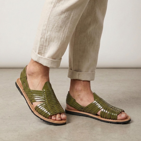 Mexicaanse Huaraches voor heren in avocadogroen - Open teen - Duurzame rubberen zool - Exclusief schoeisel - Directe verzending vanuit Mexico