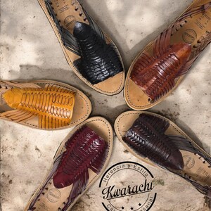 May include: An overhead view of five leather huaraches in black, brown, burgundy, yellow, and dark brown. Each sandal has a woven design and a leather sole. The image includes a circular logo with text.