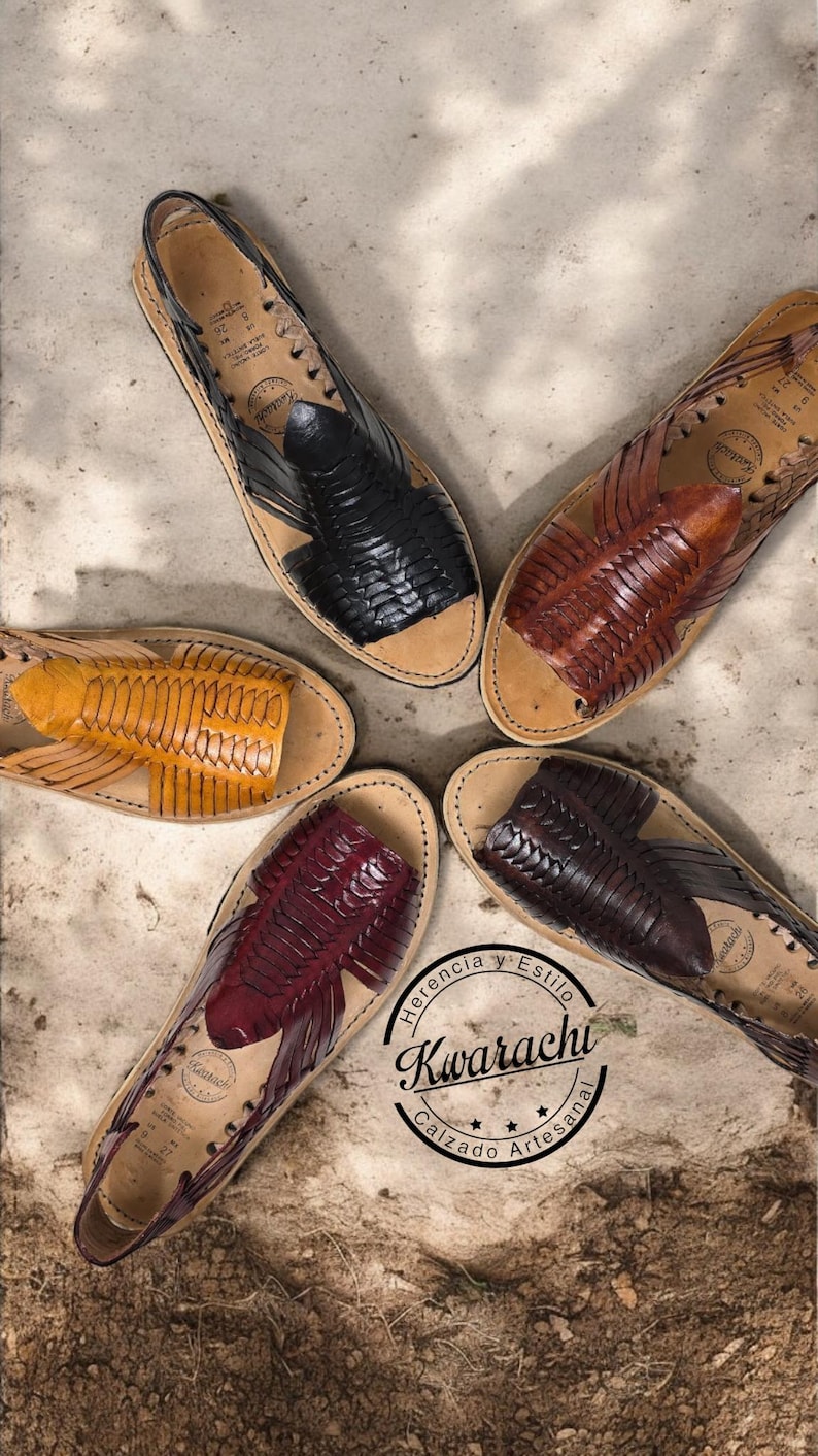 May include: An overhead view of five leather huaraches in black, brown, burgundy, yellow, and dark brown. Each sandal has a woven design and a leather sole. The image includes a circular logo with text.