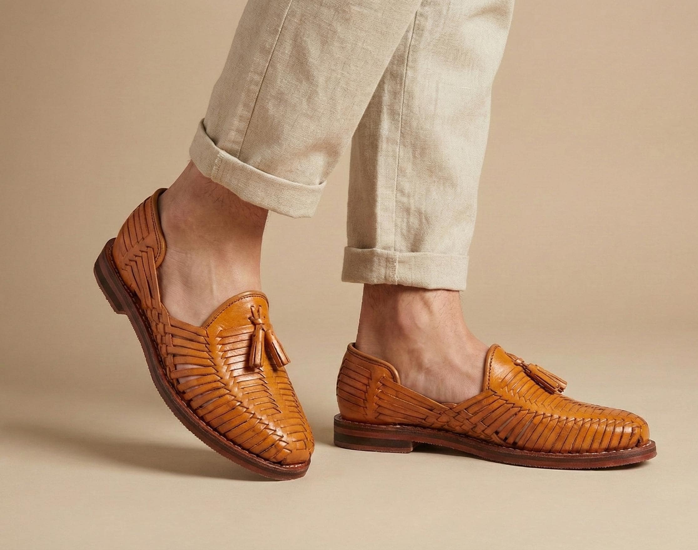 Vintage Handmade Mexican Leather Huaraches Men’s 7 MEXAS Yucatán Camel | Traditional leather huaraches main image 3