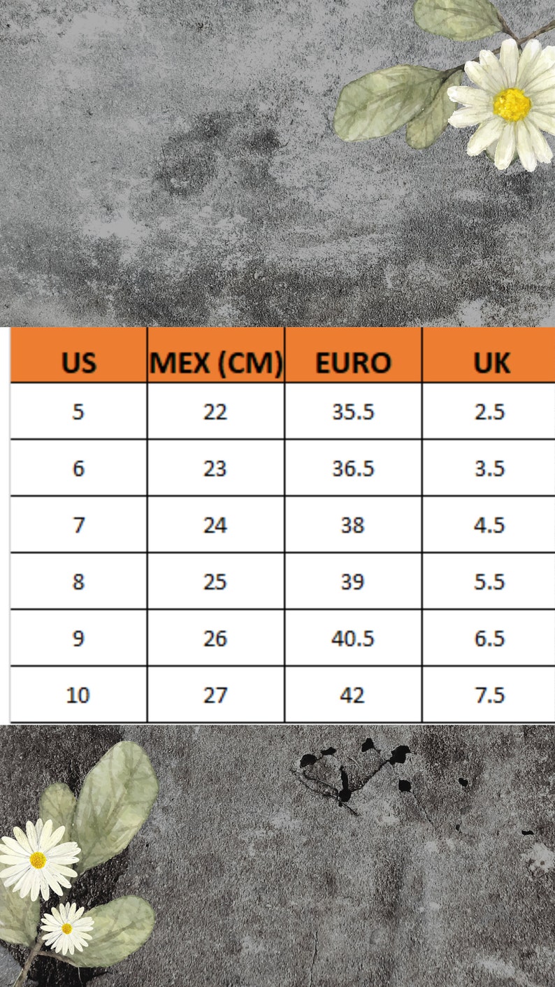 May include: A chart showing shoe size conversions for women's shoes. The chart shows US, Mexican, European, and UK shoe sizes. The chart is on a gray background with a floral design.