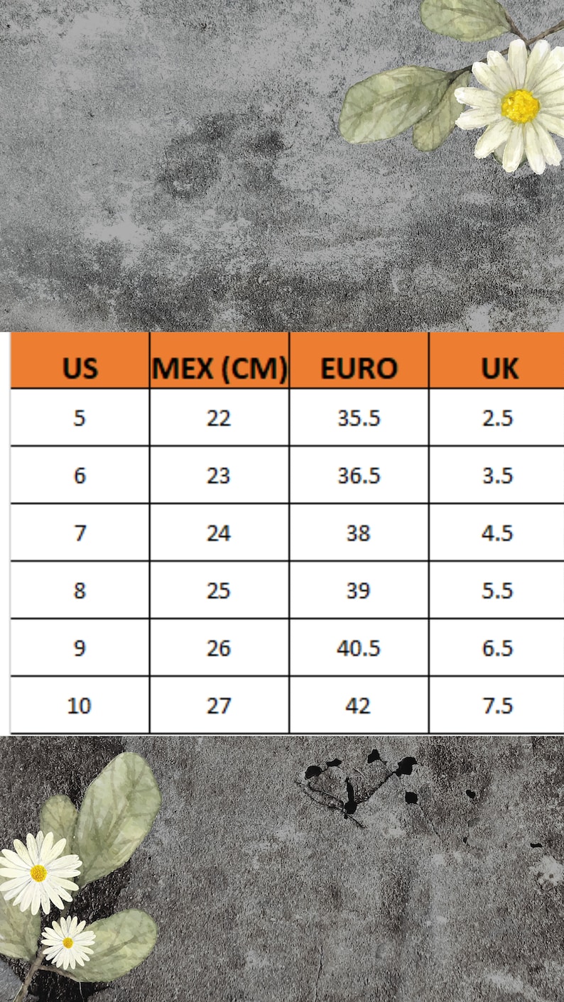 May include: A size chart with US, MEX (CM), EURO, and UK measurements. Sizes range from US 5 (22 cm) to US 10 (27 cm). The chart is set against a textured gray background with floral accents.