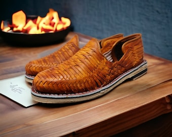 Mens Mexican Huaraches, Closed Toe Woven Leather Sandals, Handmade Artisan Shoes, Light Brown Tan with Genuine Leather Sole