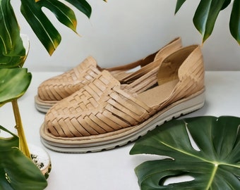 Women's Mexican Huaraches with thick honey-colored soles, closed-toe summer leather sandals