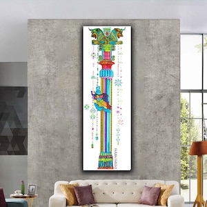 Persian Persepolis Columns Abstract Art Painting Rolled Canvas Print Colorful Iranian map architecture Home Decor Design Modern narrow