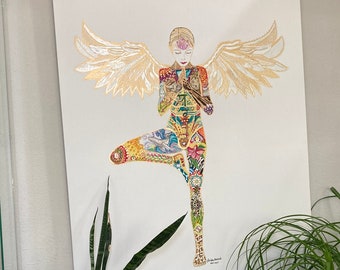 Golden wing Guardian Angel, Colorful Bohemian Abstract , canvas wall art for contemporary homes. Framed.