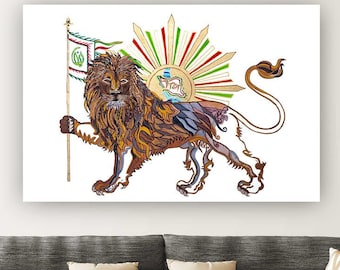 Lion and Sun Shir O Khoshid Persian Canvas Print Painting, Iranian Artwork Rolled  Iran Azad Symbol Emblem, Abstract Wall Art, Fariba Farsad