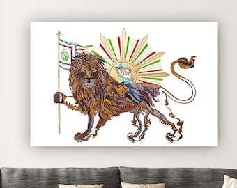 Lion and Sun Shir O Khoshid Persian painting.  Canvas Abstract Framed, Iranian home Decor, Visionary artwork, Abstract, Fariba Farsad
