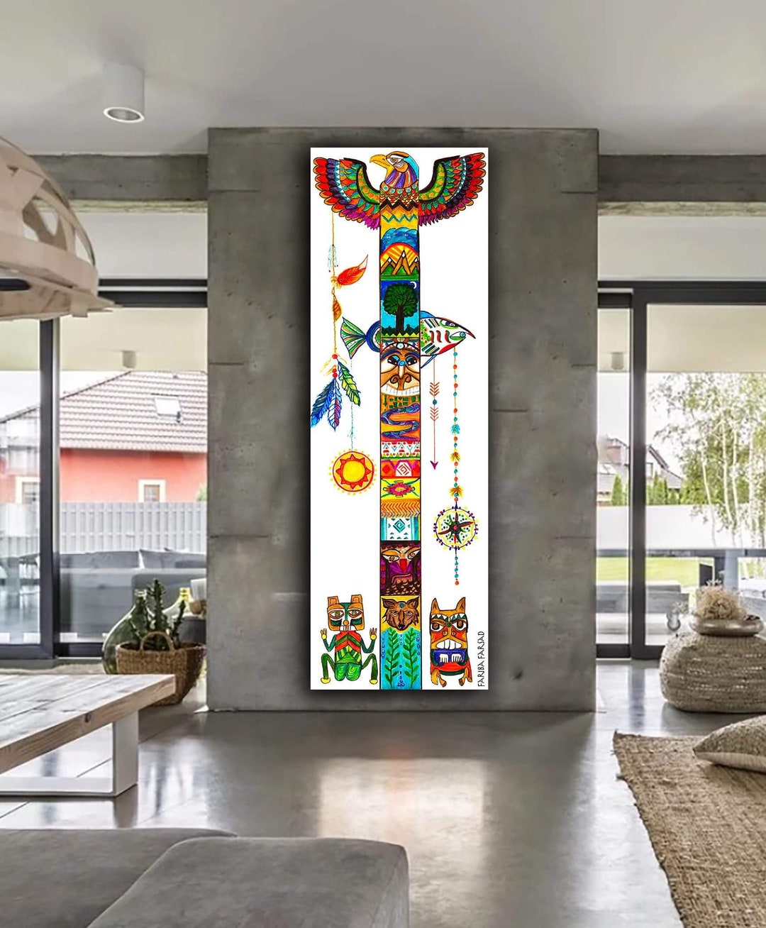 Abstract Colorful Spirit Animal Totem Pole Canvas Art Print, Framed