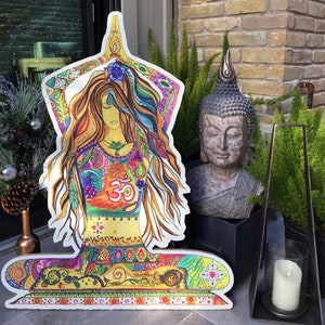 Bohemian wall decor, yoga decoration, alter focal point, Buddha decor, praying art, wood cutout decor, yoga studio decor, Fariba Farsad,