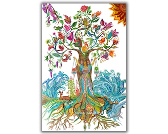 Tree of Life art Mother Earth beautiful  Woman Libra zodiac sign Abstract Painting framed Canvas Print, Visionary Bohemian zen Home Decor