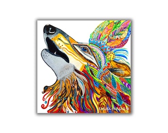 Wolf Canvas Art Print, Framed Abstract Wall Painting, Wolf Spirit Animal Wall Art, Colorful Howling Wolf Art Painting, Fariba Farsad