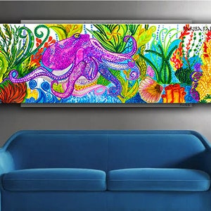 Large Octopus Canvas Print, Octopus  Abstract Wall Art, Framed Beach Home Decor Painting, Colorful Under underwaterArtwork, Ocean Creature,