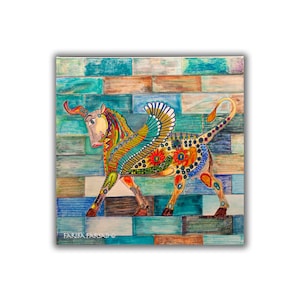 Persian Abstract Framed Canvas Print Painting, Iranian Art, Gallery, Zoroastrian Art, Persian Chimera Art, Ancient Persepolis, Fariba Farsad