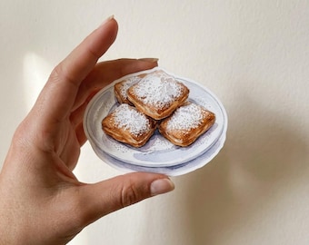 Adesivo de beignet de Nova Orleans, arte gastronômica em aquarela, adesivo de viagem (vinil à prova d'água)