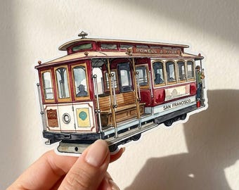 Adesivo para o bondinho de São Francisco, decalque de viagem em aquarela, vinil impermeável para laptop ou garrafa de água.