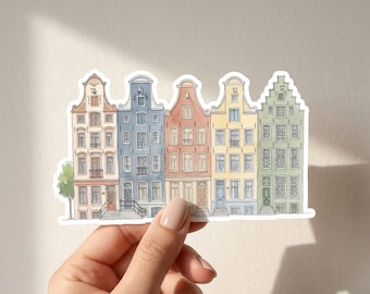 Adesivo Casas dos Canais de Amsterdã, decalque de viagem em aquarela, vinil à prova d'água para laptop e garrafa de água.