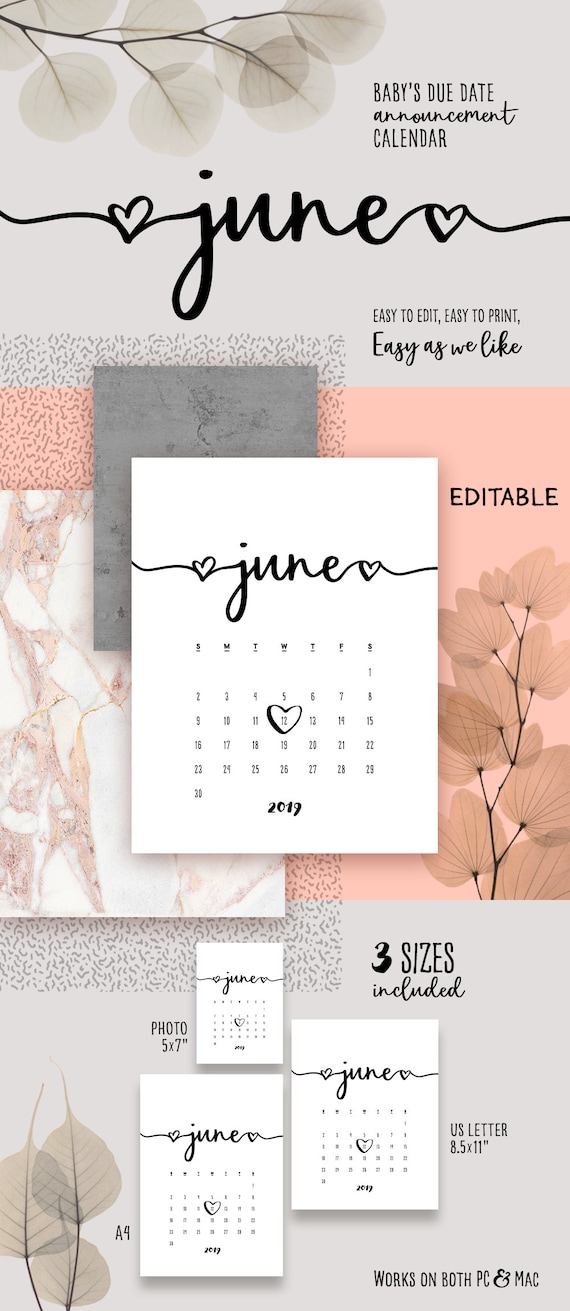 june 2019 printable pregnancy calendar template lovely baby etsy