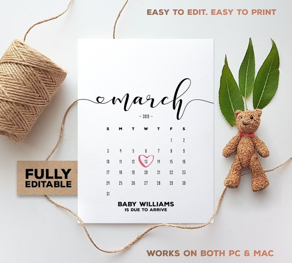 march 2019 pregnancy announcement fully editable calendar pdf etsy baby calendar 2019