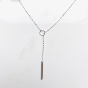 Sterling Silver Lariat Necklace: Dainty Circle & Bar Drop