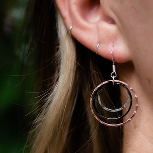 Hammered Triple Circle Earrings: Mixed Metal Sterling Silver Hoops