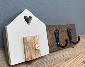 Handmade wooden house, key holder, hooks, rustic home.