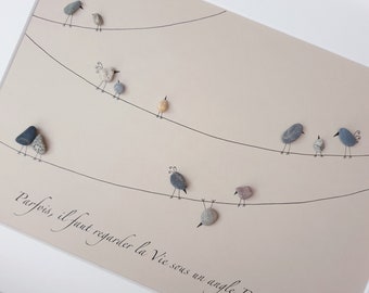 Pebble Art Tableau "Point de Vue" 32x23 cm, artiste suisse Melinda Blomma, cadeau original toutes occasions fait main, deco minimaliste,