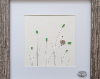 Pebble Art Tableau "Les Amoureux" 25x25 cm, artiste suisse Melinda Blomma, cadeau original toutes occasions fait main, deco minimaliste,