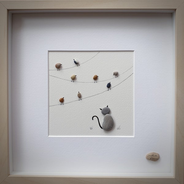 Pebble Art Tableau « 100% personnalisé » 25 x 25 cm sur commande, artiste suisse Melinda Blomma, cadeau fait main, minimaliste, home decor