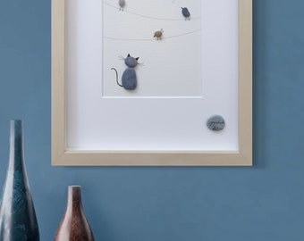 Pebble Art Tableau "Three Little Birds" 32x21 cm, artiste suisse Melinda Blomma, cadeau original toutes occasions fait main, minimaliste