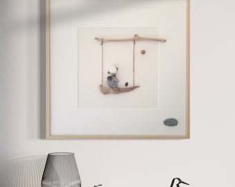 Pebble Art Tableau « L’Enfant et L’oiseau » 52x52 cm, artiste suisse Melinda Blomma, cadeau original toutes occasions fait main, art nature