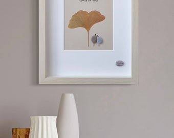 Pebble Art Painting "Pour la Vie" 32x21 cm, Zwitserse kunstenaar Melinda Blomma, origineel handgemaakt cadeau voor alle gelegenheden, minimalistisch