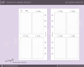 027 WO2P Veckouppslag, vertikala boxar grid | Välj storlek och startmånad | PRINTED Weekly Filofax/Ringbound/TN/Discbound Planner Inserts