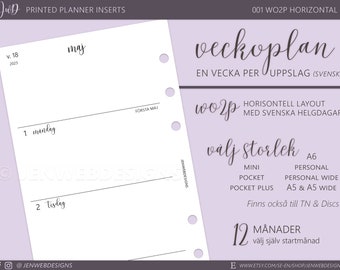 001 WO2P Vecka per uppslag, horisontell | Välj storlek och startmånad | PRINTED Weekly Filofax/Ringbound/TN/Discbound Planner Inserts