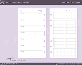 019 WO1P+ Horisontell vecka + Funktionell sida | Välj storlek och startmånad | PRINTED Weekly Filofax/Ringbound/TN/Discbound Planner Inserts