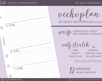 007 WO2P Veckouppslag, horisontell delad helg | Välj storlek & startmånad | PRINTED Weekly Filofax/Ringbound/TN/Discbound Planner Inserts