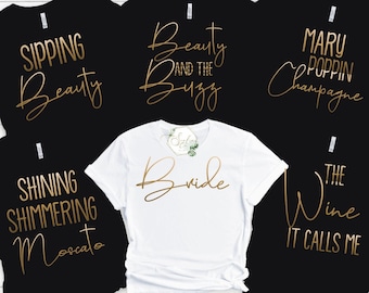 Drinking themed bachelorette party shirts! Custom quotes, unique bachelorette matching shirts, birthday parties, gold or glitter designs