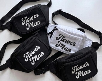 Flower Man Fanny Pack Custom Retro Wedding Waist Bag Personalized Accessory Gift for Groomsmen or Ushers Bridal Party Event Use
