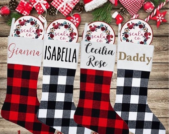 Personalized Christmas Stockings, ships in 1 day Buffalo plaid red, black, white stockings - Hand Made Christmas Stockings!